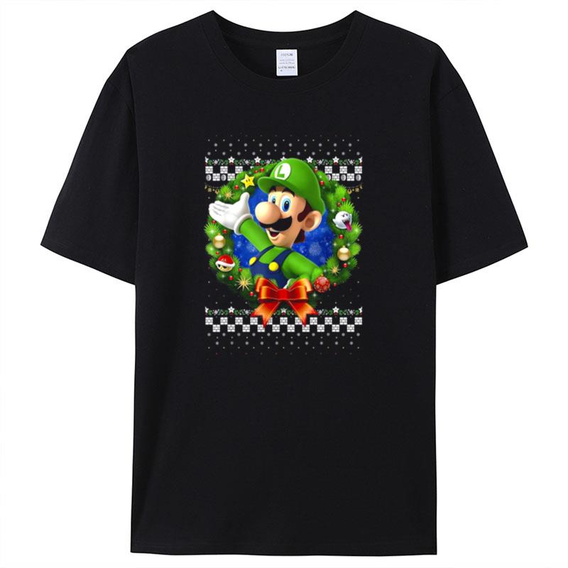 Super Mario 3D Luigi Christmas Wreath Graphic Shirts For Women Men
