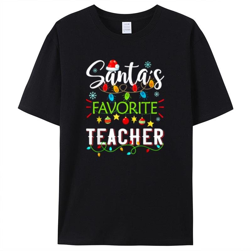 Santa's Favorite Teacher Christmas Santa Hat Light Shirts For Women Men