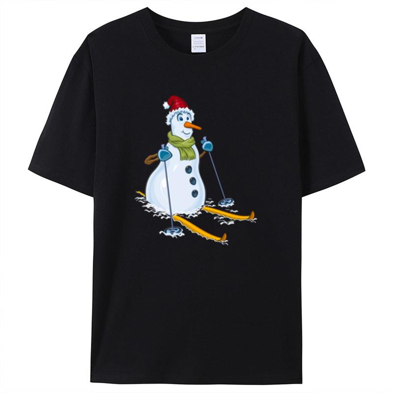 Snowman Joyfully Greets Winter On Skis Shirts For Women Men