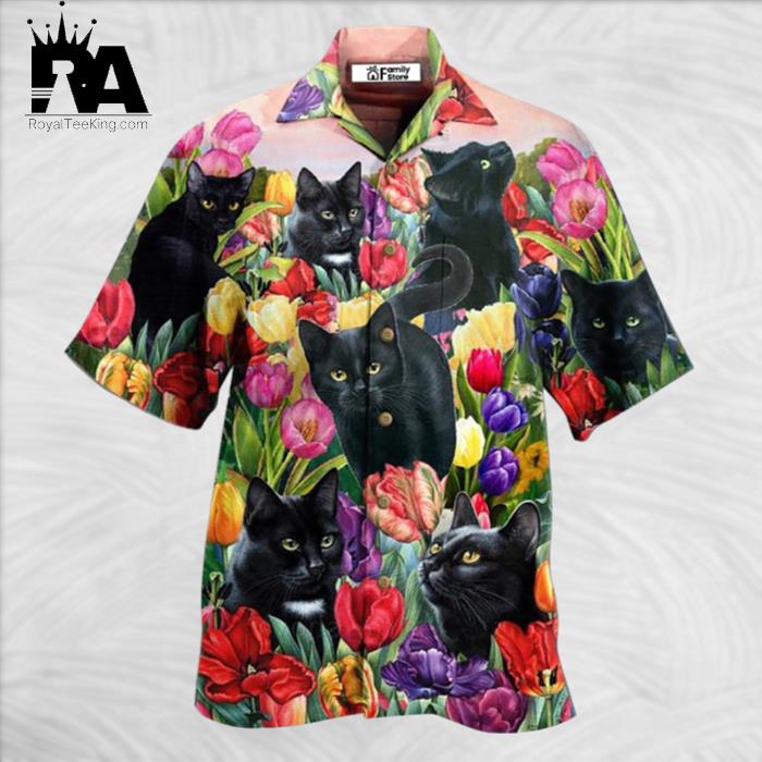 Black Cat Love Flowers Colorfull Hawaiian Shirt