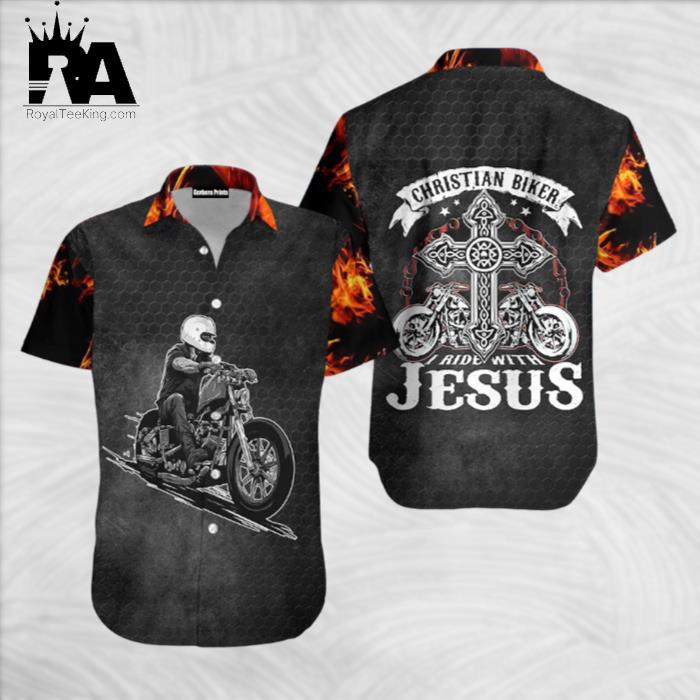 Christian Jesus Biker Racing Fire Black Hawaiian Shirt