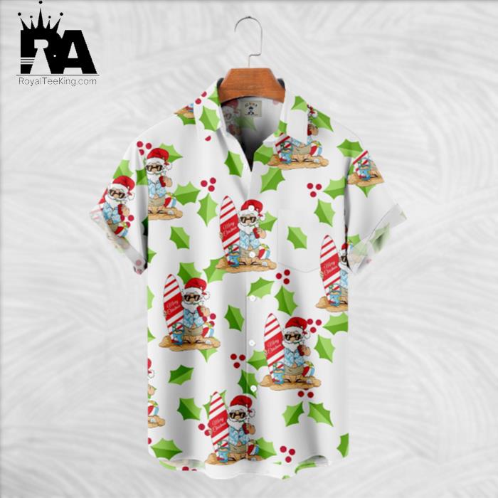 Christmas In July Fun Santa Green Leaves Hawaiian Shirt