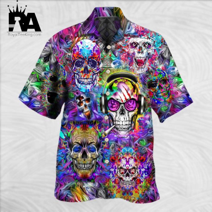 Hippie Skull Colorful Flowers Hawaiian Shirt