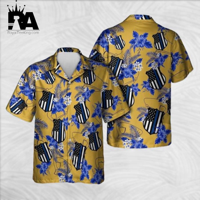 Thin Blue Line US Emblem With Flowers Pattern Hawaiian Shirt